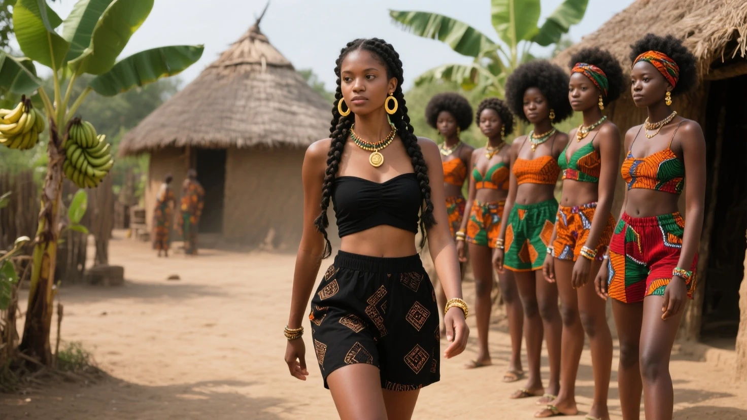 African woman dressed in african designed clothes, walking on an African island full of African designed sculptures, taking a selfie, African island full of African people having fun with drinks and eats, sunrise in the background shining, with beautiful iridescent light, artgerm style, 32k, ultra HD, unreal engine rendered, hyper-realistic image