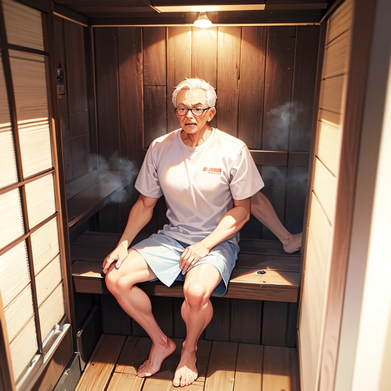 In the sauna, the old man with a body as big as a giant。The whole body is full of tendon meat。