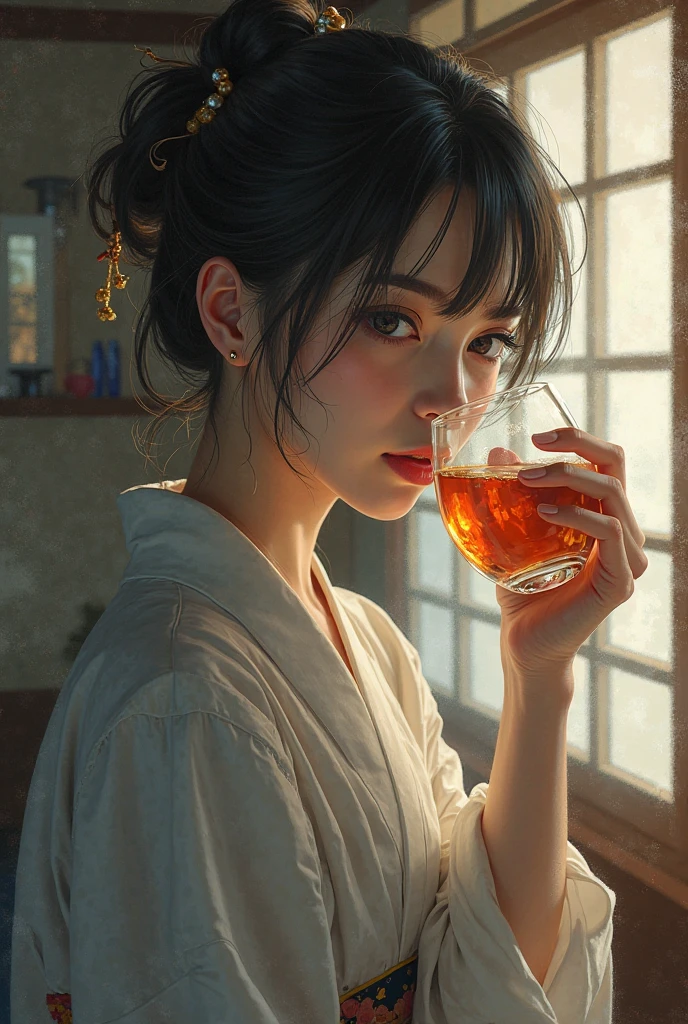 Woman drinking wakame sake