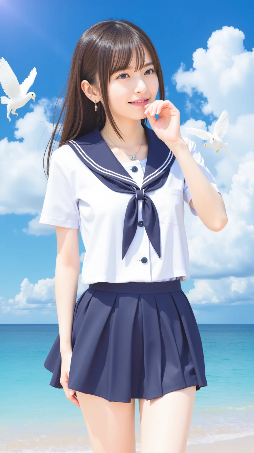 Japanese、18-year-old、high school girl、Light blue sailor suit、whole body、Bye-bye with both hands
