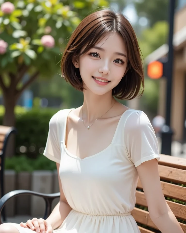 ((masterpiece)), ((Highest quality)), ((Complex)), ((Surreal)), (Realistic), (Mature Woman), ((No classes)), Very detailed, (1 female), Beautiful and exquisite, (Beautiful Teeth), Grin, Brunette bob hair, Brown eyes, ((blouse)), (Upper Body), (background:none), Perfect Eyes, Captivating eyes, Looking at the audience