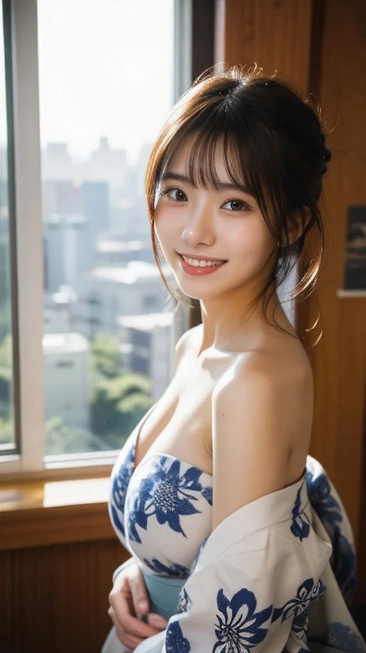 ((top-quality、8K、​masterpiece:1.3))、selfy、Beautuful Women:1.4、(Brown Long Hair、Normal breasts:1.3)、(Japan floral yukata)、Highly detailed facial and skin texture、A detailed eye、二重まぶた、A smile:1.5、full bodyesbian、matsuri、In the street、natta、The upper part of the body