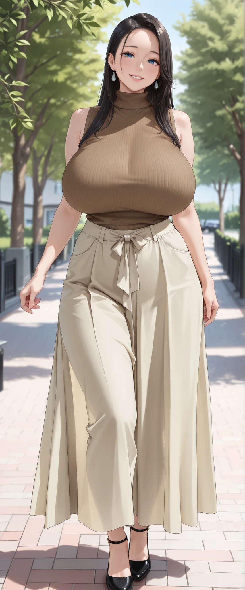 (masterpiece, details, top quality, 8K, [realistic], absurd:1.2), 1 Japanese and half Russian woman, beautiful character designs, black hair, straight hair, forehead, Translucent white skin, young face, 美しくdetailsな目の描写, expressive eyes, blue eyes, Japanese woman who likes to be lewd, Smile, (Dark Brown Sleeveless High Neck Knitwear, Light Green Long Skirt), (huge breasts:1.0, saggy huge breasts:1.2), standing, cowboy shot with white thong, at the park, (full body:1.2)