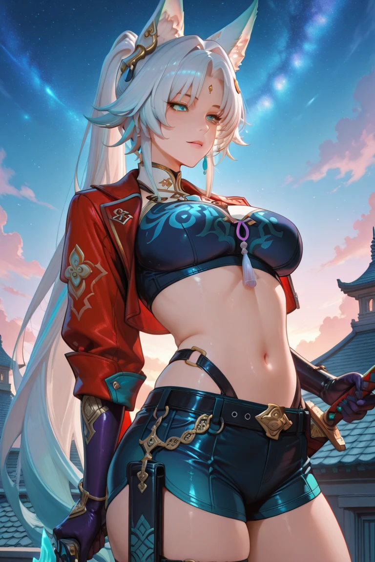 Adult woman, Gray hair in a long braid, golden eyes, sporty figure, Chinese turquoise top, Red Shorts, Tonfa, Tatoo, smirk, Masterpiece, hiquality