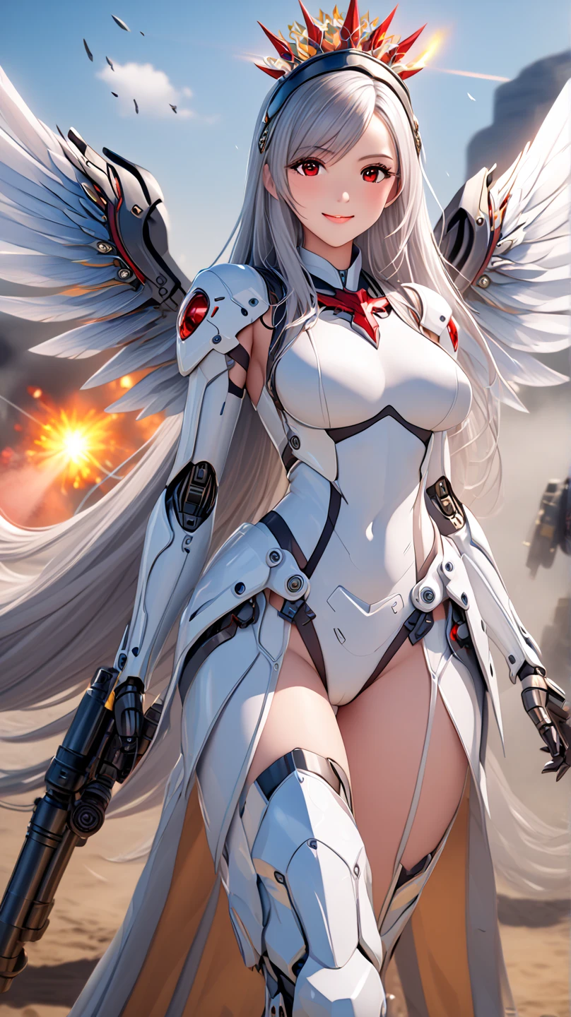 one angel，Wearing a red and white mech，Spread your wings，Fly under clear skies，There are two pairs of wings on the back，Gray hair sparkles in the sun，The mech completely covers the whole body，Show off slender and beautiful thighs，Has a charming face，Sit on a jewel-encrusted throne