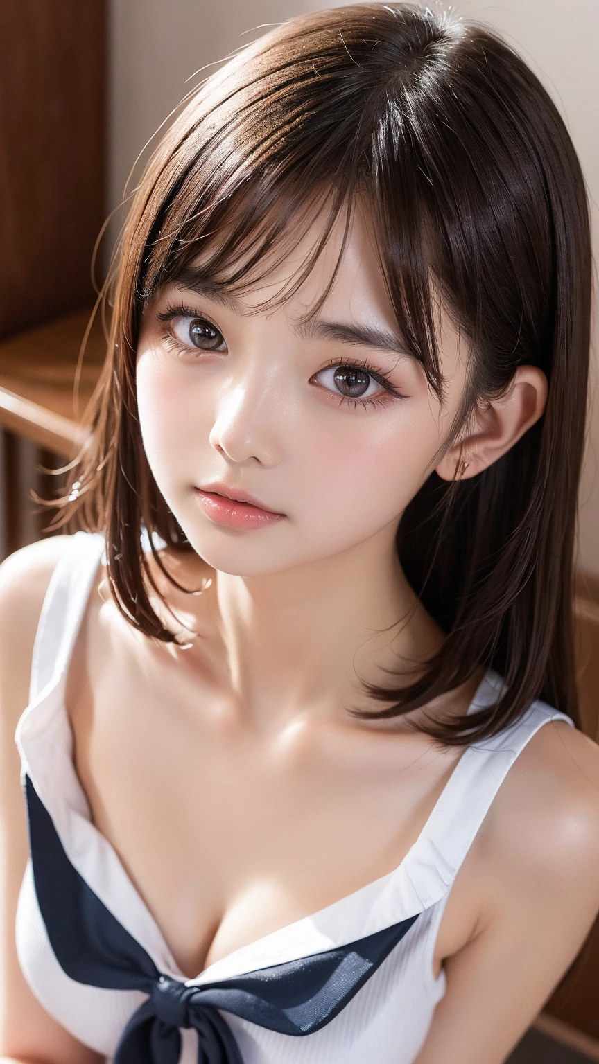 masterpiece、highest quality, Detailed workmanship、high resolution、(8K, High resolution:1.2)、raw photo, photorealistic、slender body shape、high definition face、Face is in focus、high definition eyes、(Focused, symmetrical pupils:1.2)、High-definition and beautiful skin、firm skin、natural makeup、gross lip, High-definition hair texture、japanese woman、high school girl、17 years old、very cute, very short hair, (party dress), (very embarrassed:1.3), (blush:1.3), embarrassed look、(He is looking at the camera with a shy look on his face.:1.3)、I have my mouth slightly open、(shy gesture)、(various shooting angles:1.2)、thin necklace、small earrings, medium breast, bust shot, nsfw 