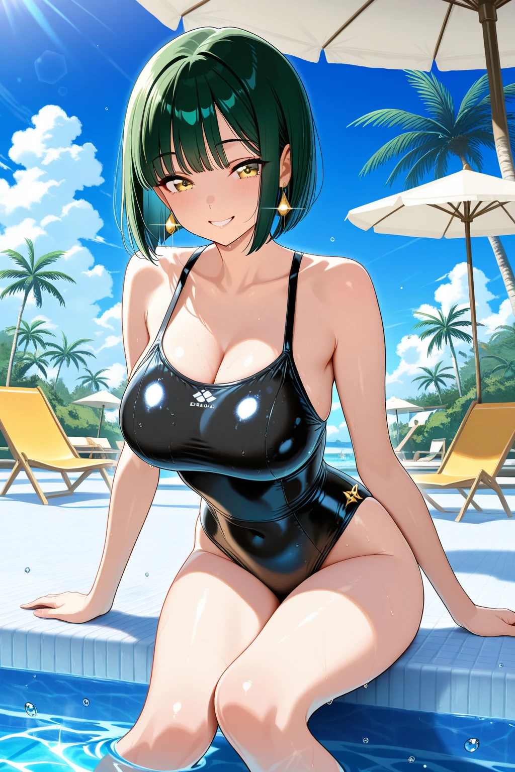 Woman with short black hair and half blue green eyes with big breasts and big thighs wearing a swimsuit