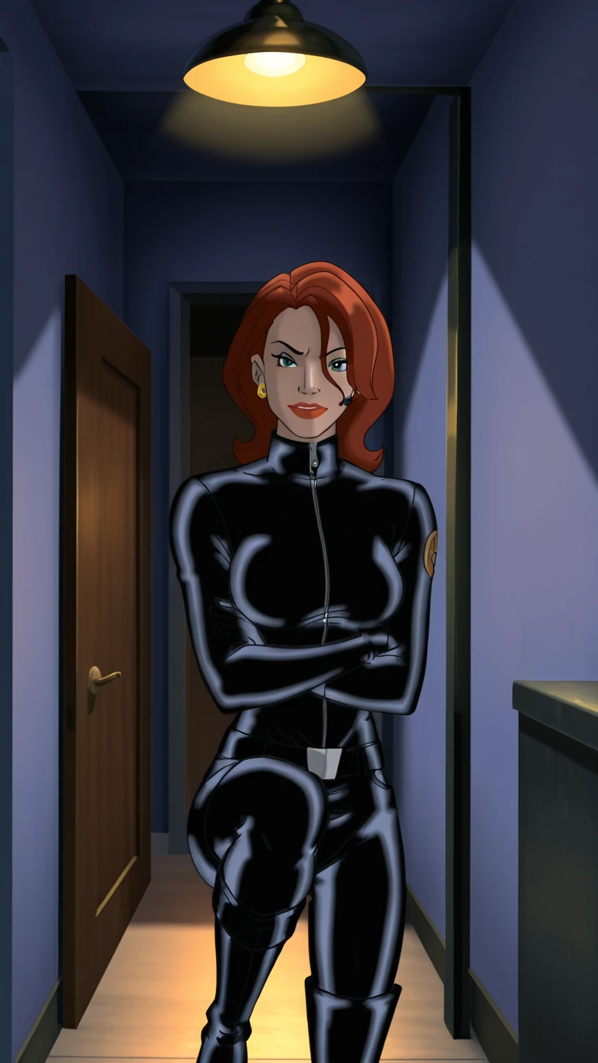 The image is a digital illustration of a woman with red hair, wearing a sleek skin-tight shiny blue latex bodysuit with a deep-cut zipper neckline revealing a large chest, the zipper running down the front. Her body is curvy, and she is brandishing a gun in her right hand. Her left hand is also visible with spread fingers resting against her hip. Her bodysuit is detailed with a belt. The gun she is holding has a distinctive design detail. The background of the image features a brick wall.