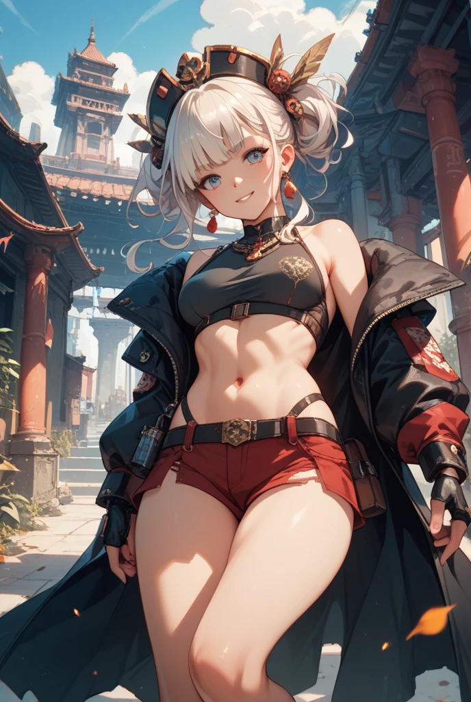 (masterpiece, best_quality, ultra_detailed:1.2) <lora:fireemblem_framme-10:.9>, 1girl, framme, hat, sleeveless, pelvic_curtain, bike_shorts, gloves,  (stomach:1.1), abs