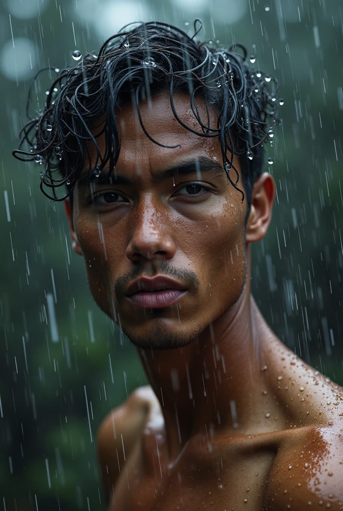 Behold a fashion editorial photo shoot featuring a photogenic and charming young male supermodel, 18-2 mixed of Latino and Japanese, a symmetric young face adorned with natural blemishes and freckles, he boasts short salver hair, and a natural olive skin tone that embodies youthful, stands confidently under a rain, emphasizing the texture and sensuality of the skin, dripped water across his body creating glistening lines that highlight the model's muscular definition. Inspired by erotic photography of artists like Terry Richardson, this image blends elements of both fashion and fine art. posture is powerful and confident, full naked body, sexy pecs, (flaccid cock). His skin appears and slightly sweat, enhancing the sheen and highlighting the play of light on his defined body, smooth skin, The lighting is warm and direct, likely from a strong artificial source such as a studio soft-box, casting an even glow across the skin while creating minimal shadows to enhance the reflective quality of the water. The background is simple and neutral, ensuring all attention is focused on the model’s body and the intriguing textures created by the liquid cascading over his body. The atmosphere is both sensual and bold, giving off a sense of both allure and strength, as the contrast between the soft flowing liquid and the male body structure plays against each other beautifully, NSFW, naked man by Steven Klein, naked body, ensuring the focus remains on the details of the skin and the liquid. A macro or medium-range lens (such as an 85mm) would work well to capture this level of detail, ensuring the model's skin textures and the fluid's glossy trails are in sharp focus while keeping the image tight and visually striking. The inspiration for this type of image draws from the desire to mix the erotic with the artistic, capturing moments that celebrate the human form in a sensual, intimate, yet powerful way. focusing on details such as the interplay of light, texture, and composition.