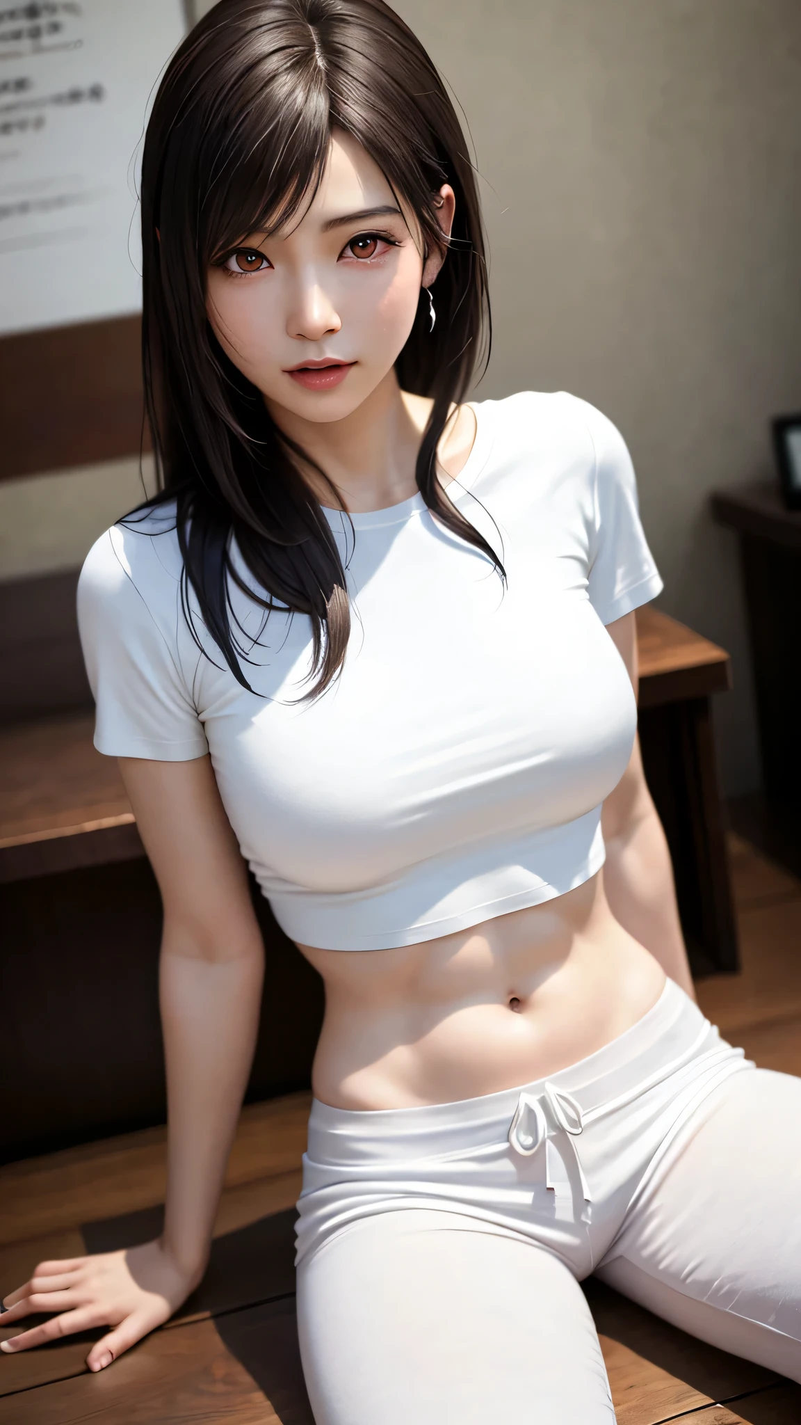 High school girl outfit, Young Japanese Girl, Long black hair, Deep Shadow, Dynamic Lighting, A dark shadow hides half of his face, A light shines in one eye, Deep Shadow from a single light source illuminating her in a dark night time environment、((Sexy panties in full view:1.2))、((Spread your legs wide:1.2))