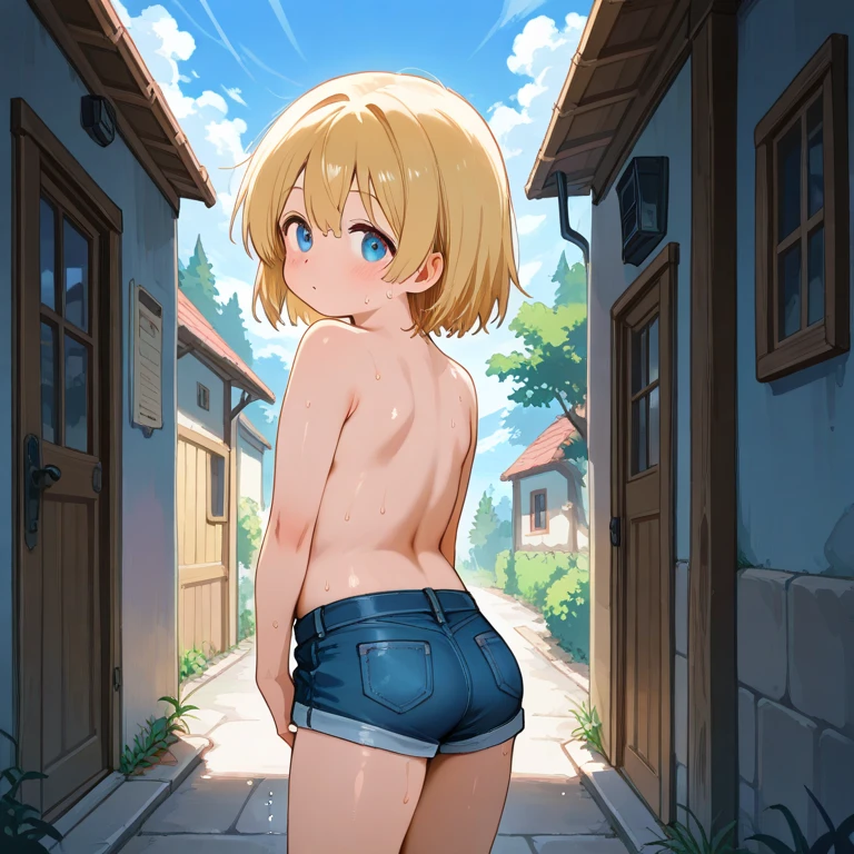 Cute girl、naked、Small breasts、Embarrassed blush、Close your eyes and cry、Cover your chest with your hands、squat、anus