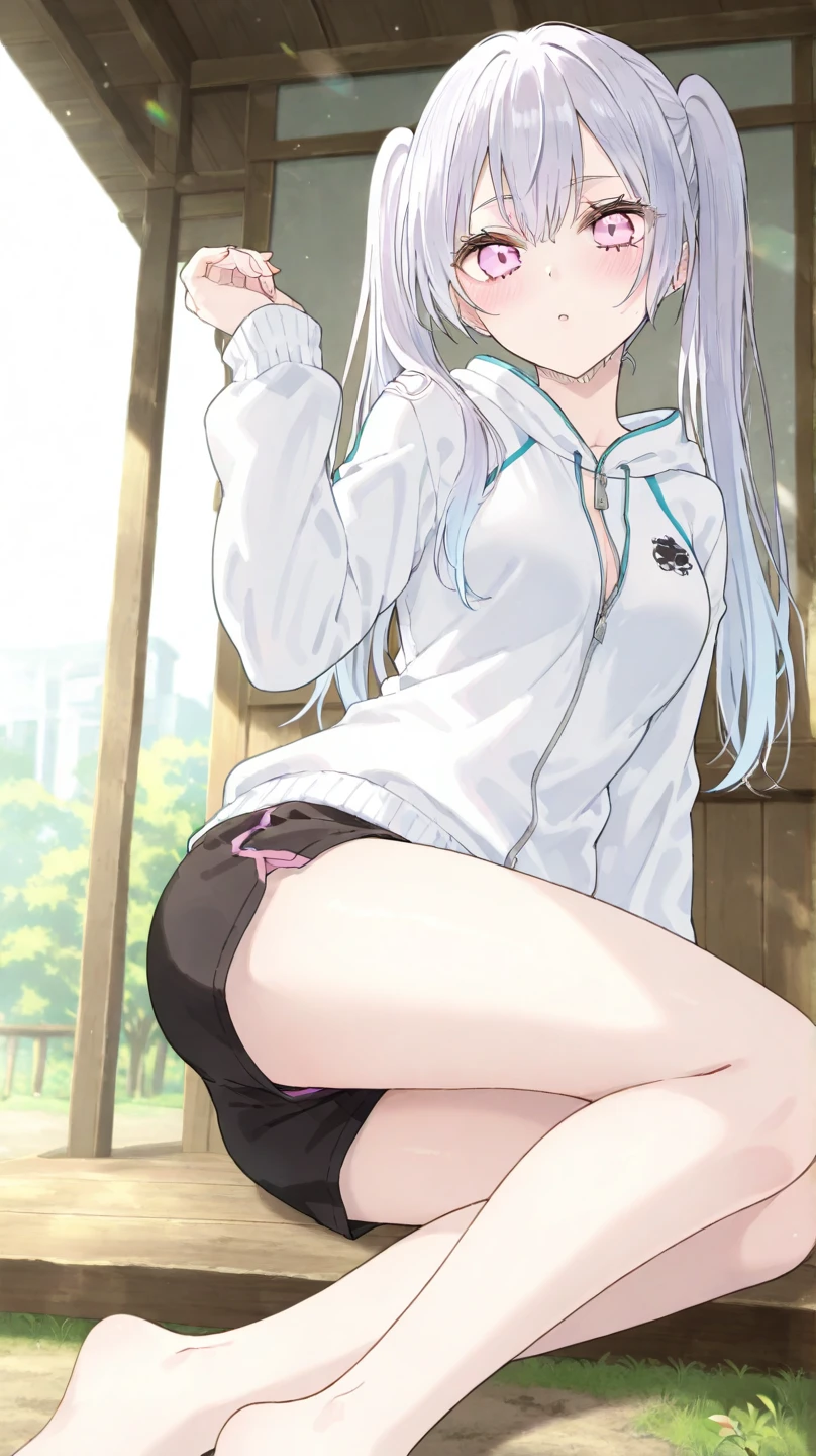 cinematic lighting、highest quality、(1 female)、school swimwear、座ってopen your legs、open your legs、embarrassing、Clear liquid leaks out of the crotch、school pool、eyes from below、full of sweat、sweating、silver hair、twin tails、Pussy、pubic hair