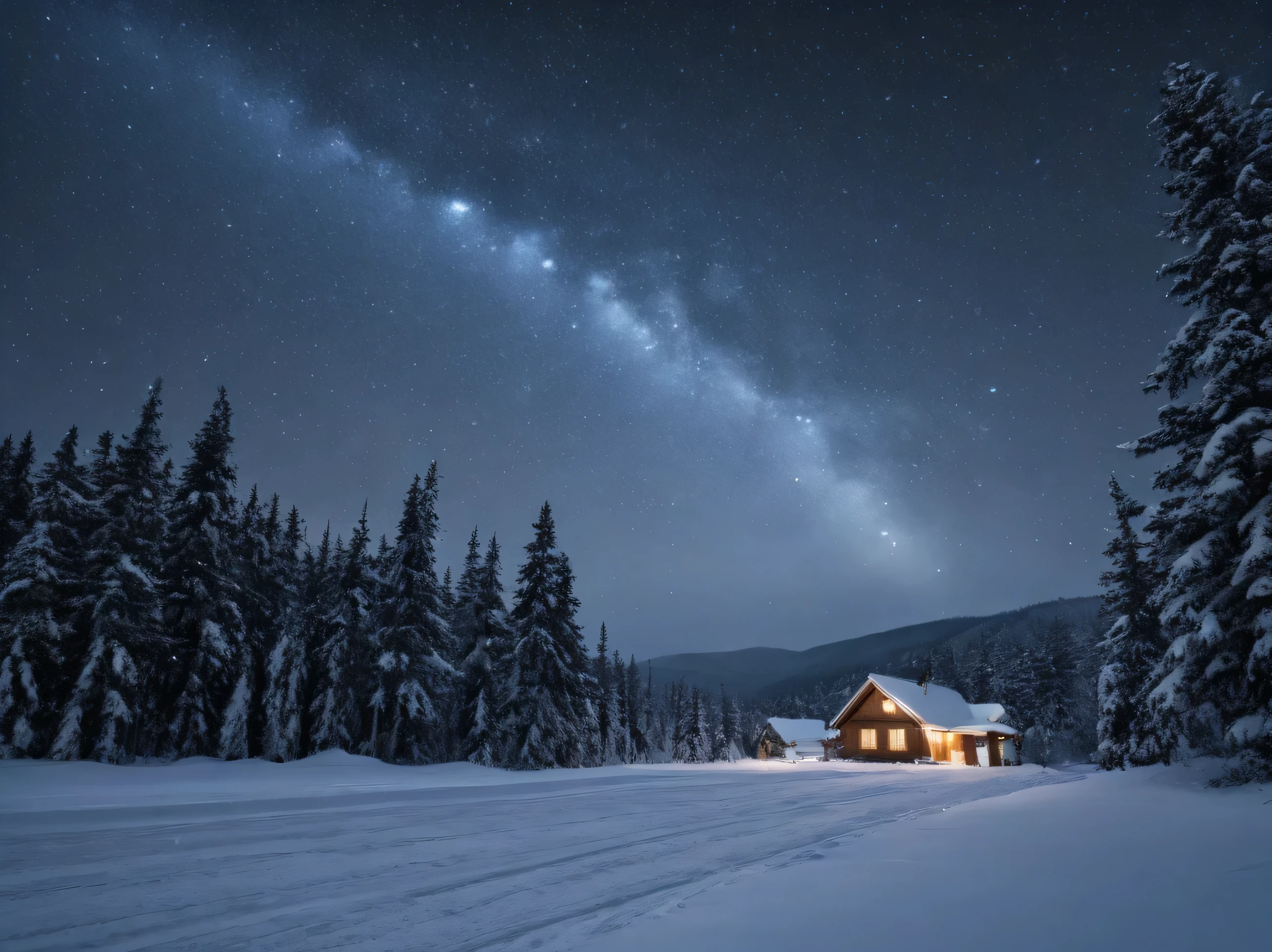 superior quality, 8k resolution, photorealism, snow storm, dynamic snowfall in the steppe, large flakes in the foreground, against the starry sky, contrasting lighting highlights snowflakes against a dark background, swirls of snow, frosty haze, dramatic winter atmosphere