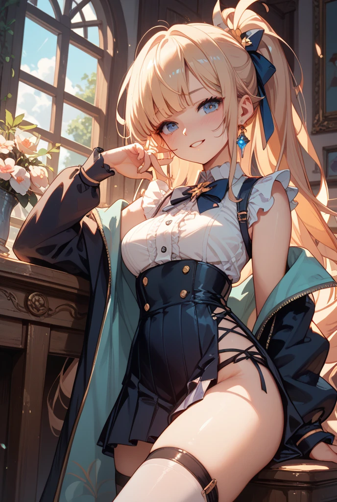 Masterpiece, Best Quality, Official Art, (Highly Detailed CG Unity 8k wallpaper), Detailed background, (Hands by Guido Daniele: 1.1), Feet out of frame, First Person View, 1, Attractive and perfect beautiful woman, Schoolgirl, JK, Schoolgirl uniform, spring, cherry, wind blowing, (((Flipping skirt, panties visible))), ( Curvaceous), ( White thighs: 1.12), ( Blonde Long Hair: 1.12), (Ahoge: 1.13), (High Ponytail: 1.12), (Green Eyes: 1.13), Look at the Beholder, Big, (cleavage), Beautiful Face, (Blush: 1.11), (Smile: 1.11)