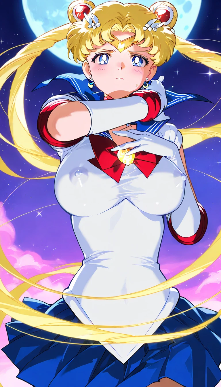 hiquality、16 K、Huge breasts,Parted bangs hair, glares, blush,Long hair, Brown eyes,Golden head hair,adult woman,Sweat,,white glove,OL、highleg leotard,White and light blue leotard、Light blue mini skirt、Electronic space、Jumping、Extend your right hand forward、