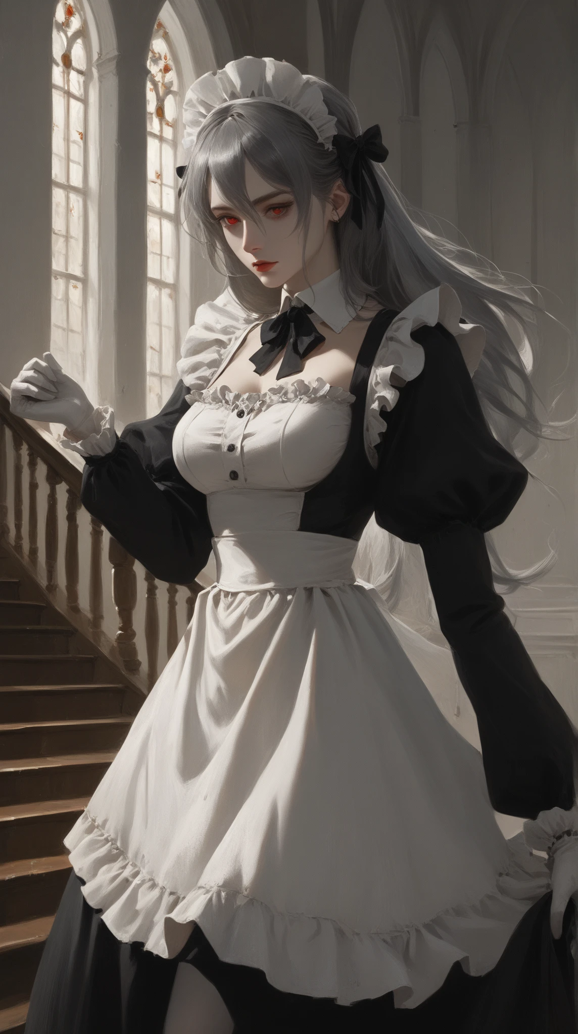 masterpiece, exquisite, illustration, {beautiful and meticulous girl}, beautiful and detailed halo, (fire of war: 1.2), (nuclear explosion behind: 1.3), rain, detailed lighting, detail water, (beautiful and detailed eyes: 1.1), expressionless, palace, sky blue hair, scattered hair, long bangs, eyebrows, (white-gray dress: 1.1), black ribbon, white bow tie, upper abdomen, big forehead, dull, flower, long sleeves