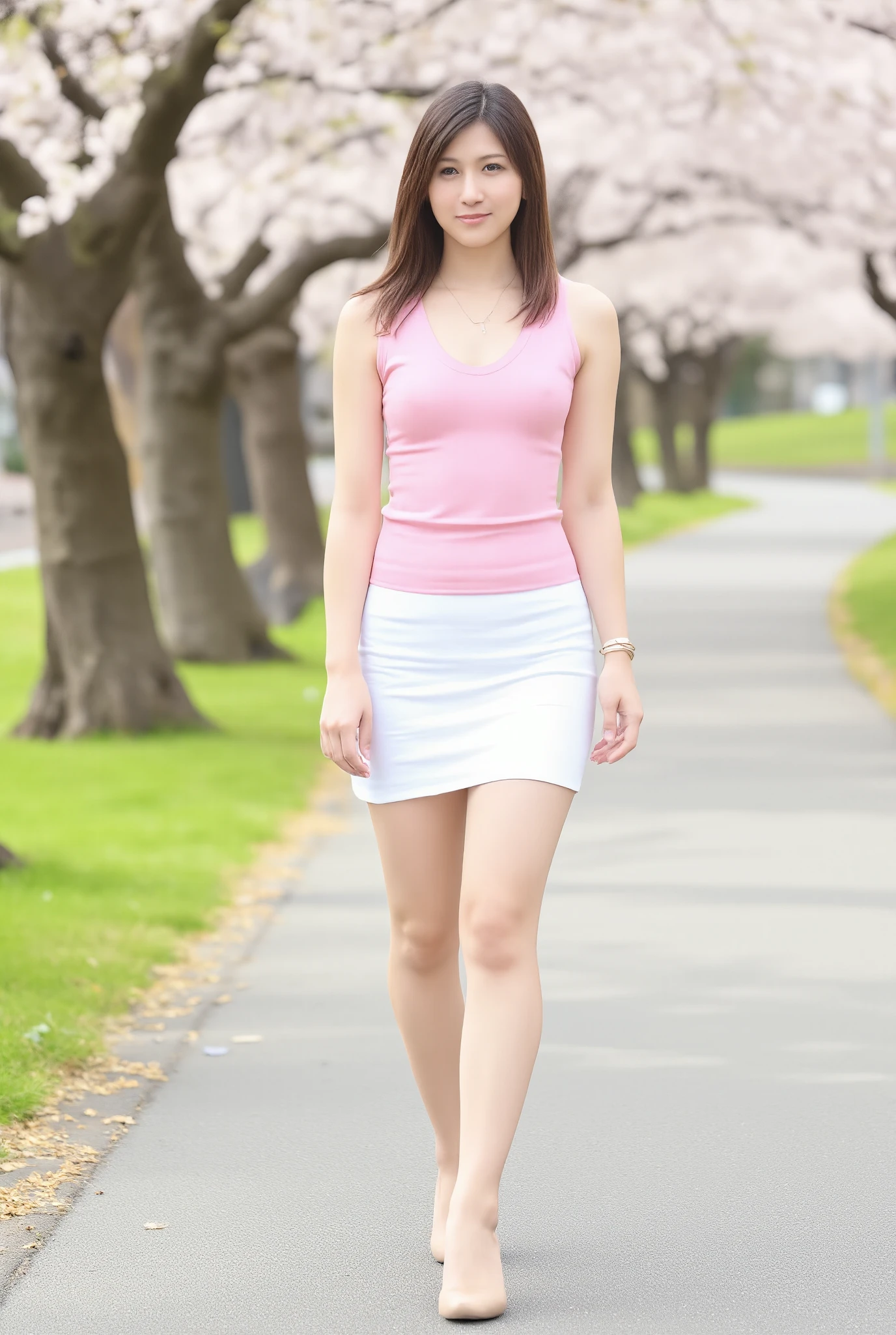 japanese women in their 20s,Beautiful woman with a thin waist with good style,g cup,accentuates cleavage,nipples,Light pink v-neck body-line sleeveless top,a fairly short white pencil miniskirt that hides underwear,Beige high heels,long hair,pretty short white pencil miniskirt with piercings on both ears,Gold bracelet on left wrist,gold necklace,Smile Yan,Walking through a row of cherry blossoms looking at the camera,A full-body photo,high resolution,top quality