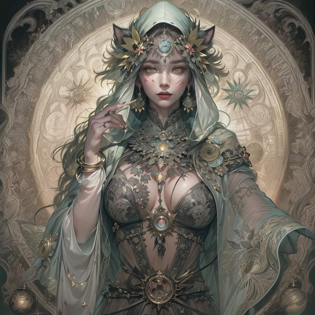 (Masterpiece, Best Quality, Highres:1.4), Detailed, Intricate Details, 4K,
color splashes, line art, fibonacci, Asian girl, mushroom,flowers ,magical,yin yang,psychedelic details art, beautiful charming face, seductive breast,dmt details art,(normal hands),(looK at view),trippy details art, tarot card style, show full objects