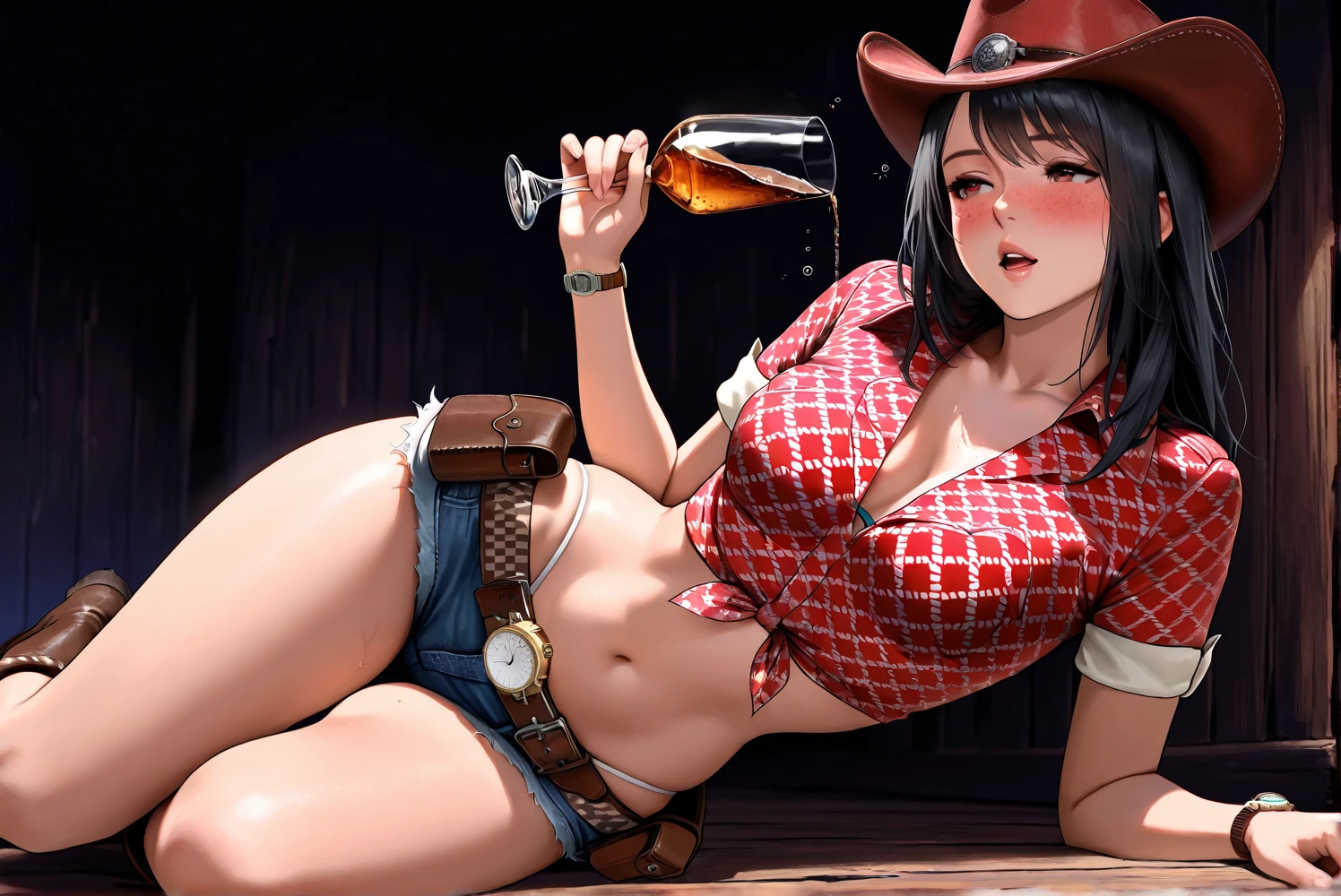 (((1 person:2.5))),(((NSFW:0.5))),(((Wear denim hot pants:1.5))),(((Wear a short-sleeved collared shirt:1.5))),(((Wear a gun belt with a holster:1.8))),,((Wear a watch on your wrist:1.5))),(((Showing cleavage))),(((Exposed thin inner thighs))),(((Small breasts:1.5))),(((Navel exposed:1.5))),(((Bare arms))),(((Put on your boots:1.5))),((Blushed:1.8)), Beautiful detailed girl, Very detailed目と顔, 緻密でBeautiful Eyes, Very detailed, High resolution, Highest quality, masterpiece, Very detailed, 8k wallpaper, wonderful, finely, Highest quality,(Standing in front of a wooden wall),Beautiful Eyes,((Engage your audience:1.5)),((Cowboy Shot:1.5))),((Front shot:1.2)),((Drinking whiskey:1.4)),(((Drunk:1.8))),(((Sit on a chair:1.2))),(((Crying face:0.6)))