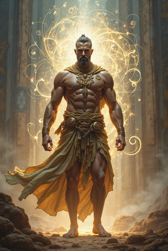 A bald, dark-skinned, egyptian-style, very muscular mage with one magically floating tome in front of him and glowing magically glowing rune tattoos