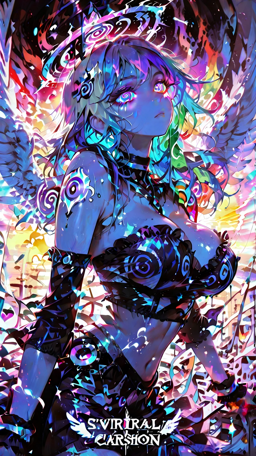 beautiful artwork,(Extreme Detail CG Unity 8K wallpaper、masterpiece、top-quality)、(exquisite lighting and shadow、highly dramatic picture)masutepiece、Best Quality, High resolution, Extremely detailed,Division method), Schottl#39;A photo taken from below of a dead body on the ground、rainbow paint background,(((gradient color background light.....................................))), ((Gradient Color Hair)),((Gradient color striped hair)), Beautiful detailed eyes,(Gradient color eyes),(((Colorful eyes))),(((The background is a gradation color))),(((High color saturation))),(((Surrounded by colorful lights)))heterochromia iridis, (colourfull:1.5),hight resolution, (((Naked state)))Japanese man sitting, 18year old,femele , Colorful hair(Long hair:1.8), (Side Ponytail:0.2), (wind blown hair:1.2),Wearing fishnet stockings、 )),((((srestrained、Red and black tentacles covered in mucus wrap around your hand......................., A red tentacle covered in mucus digs into your crotch.......................))),(((Colossal tits: 1.5))),(((drooping chest:1.3、cleavage of the breast:1.4,erectile nipple:1.3 ,Raised areola,:1.))),(big breasts thin waist :1),(big butts: 1.2),bright skin, tthin eyebrows,beatiful detailed eyes, long eyeslashes,colorful eyeballs,light orange lip,Love juice drips from the crotch、Girl Leaking Pee、Mouth ajar,Drooling ,No pubic hair