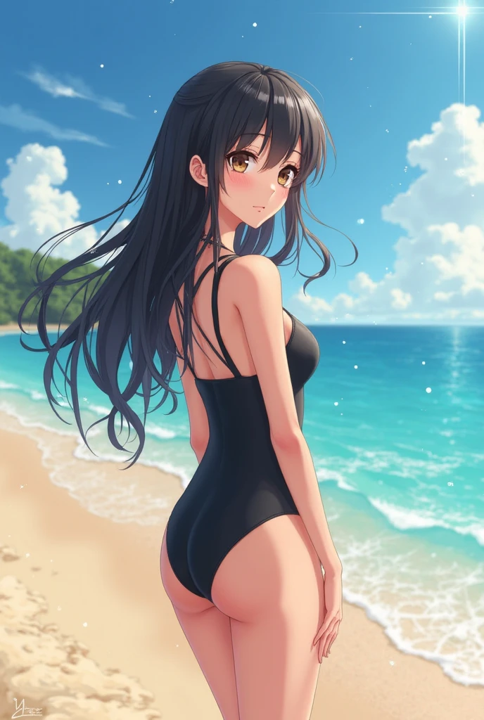 anime girl standing on a beach, ocean in the background, waves, clear water, beautiful sky, beautiful sunlight, wind, (1girl), wearing a swimsuit, long black hair, brown eyes, looking from behind, large ass, light blue swimsuit, smile, blushing, masterpiece, high res, 8k