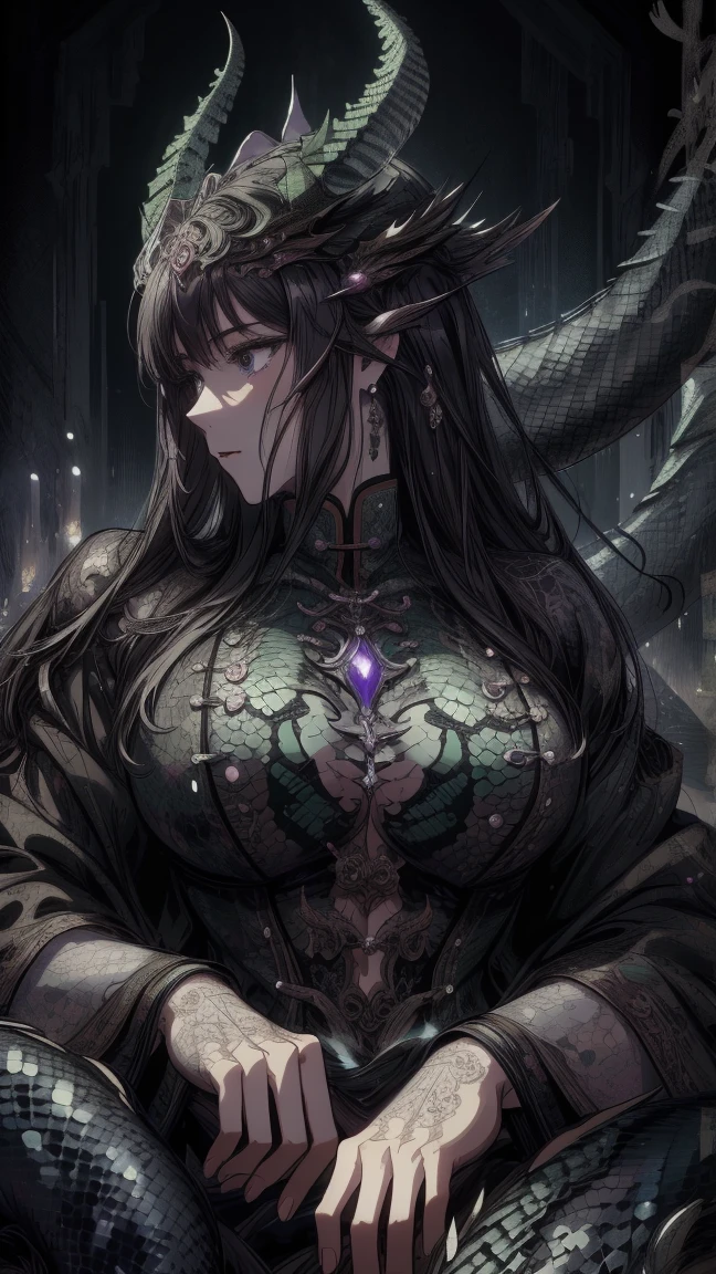 Highest quality, masterpiece, Ultra-high resolution, female、Big Breasts、Snake Beastman、Darkness Fell、Darkness attribute、Sick Heart、Black purple hair、Sick face、Negative aura、Ready your spear、Food、Strange line tattoos all over the body