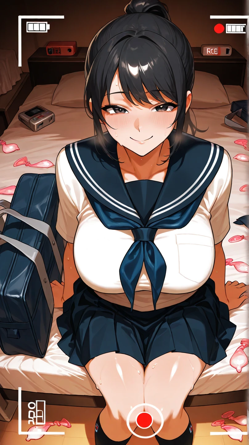 1girl, Kirigaya Suguha\(sao\), sword art online,naughty face,striped panties,skirt lift,hotel room,masterpiece, best quality, absurdres,