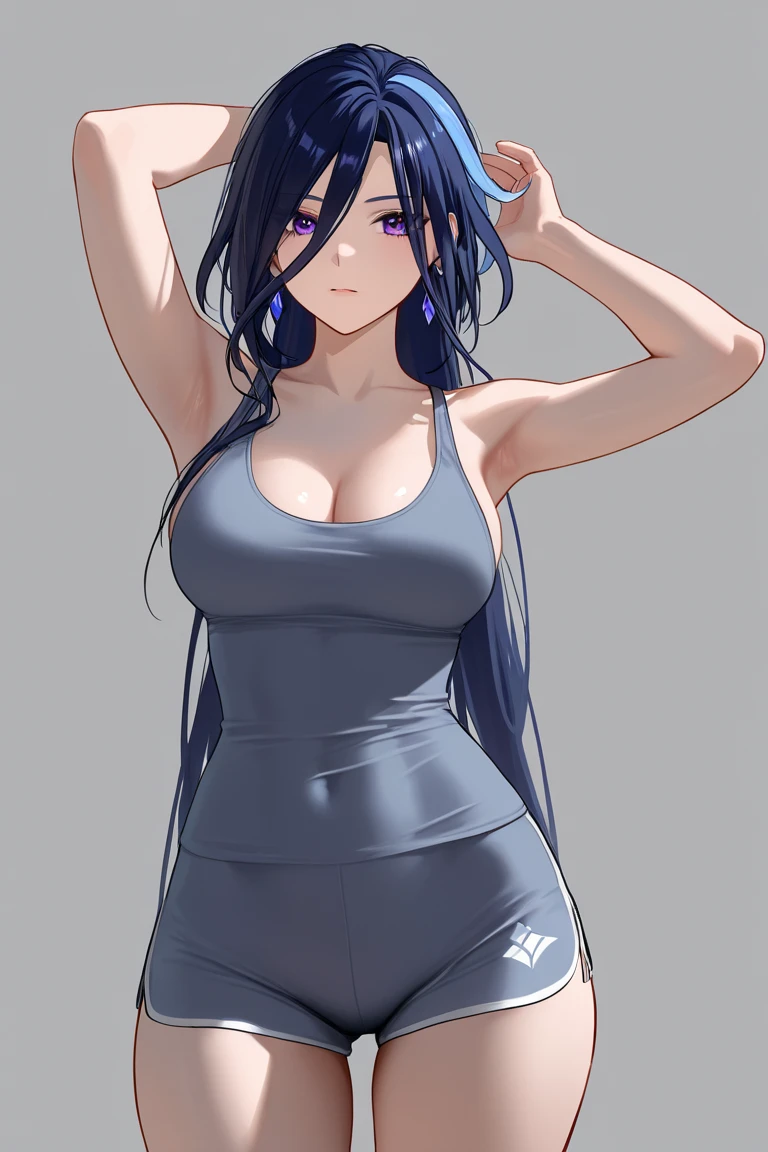 Matsuura kanan love live, long hair, ponytail, blue hair, purple eyes, gym bra, bike shorts, standing, puffy crotch , skindentation , realistic art style , sweating,in street, slightly pulled down
