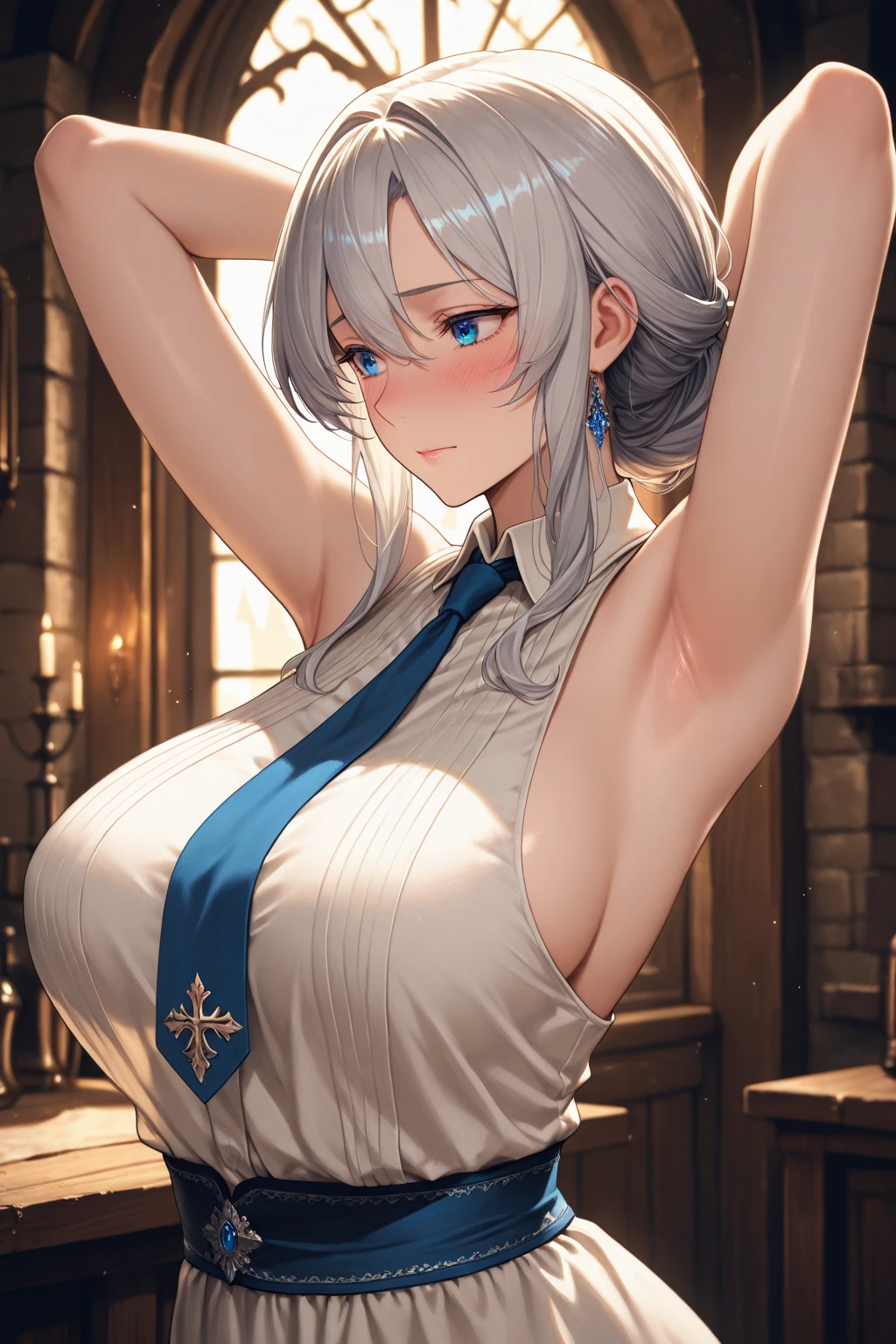 (table top: 1.3), (maximum resolution: 1.2), (Ultra HDTV: 1.2), cinematic light, 8K resolution, fine eyes and skin, detailed facial features, , (sharp focus: 1.2）, (focus on face:1.2),perfect style, beautiful face, acura, anatomically correct, Highly detailed face and skin texture, fine eyes, double eyelid, thin eyebrows, glitter eyeliner: 1 natural cheeks, Glossy skin, Fair skin: 1.2, (glossy lips: 1.4),、 (embarrassed look: 1.2),Highly detailed face and skin texture, fine eyes, double eyelid, natural cheeks, , glossy lips: 1.4,exposed cleavage、collected sperm、Overflowing sperm、flowing sperm、 blush、humiliating、impatience、It was too bad、It was scary、glare、sexual excitement、provocation、embarrassing、please open your knees、open your legs、 white underwear、white bra、Sparkling small earrings and necklace、disheveled clothes、exposed panties、Sweat、thin underwear、stockings、 28 years old, A neat and clean woman,1 person、 upturned chest, church、Stained glass、blonde、silver haired、blue ash eyes、green ash eye,(monastic uniform:1.3)、disgusting face、