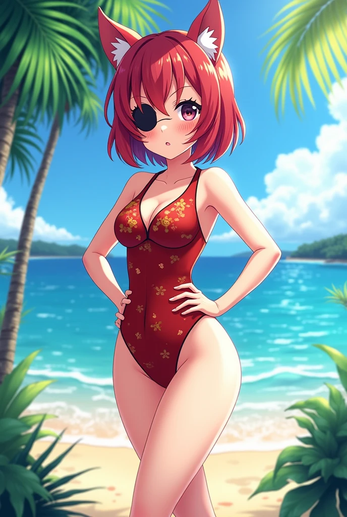 (best quality,4k,8k,highres,masterpiece:1.2), solo,ultra-detailed, sunset , arms behind back, takami chika, slightly smile, Blushing, thighs, cowboy shot, hair ornament, sea in background,wet, pussy wedgie,kunoichi dress, short hair