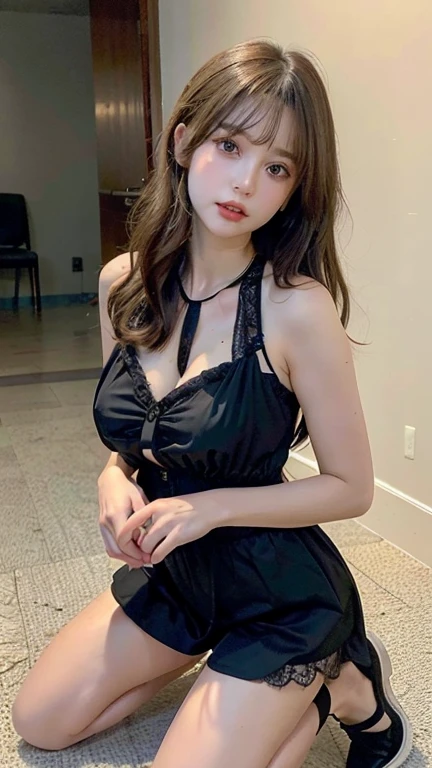 ((dark, small and dirty room))、16 year old Japanese、Baby Face、Big Breasts、Accentuate your cleavage、Sheer Camisole Dresses、Big eyes、黒Big eyes、Stand next to the bed、You can see beautiful thighs、Very short、顔がとてもsmall、(Red Light District)、(Prostitute)、Sexy pink lights、small, dark room、Twin tails,(Lots of clothes:1.4)