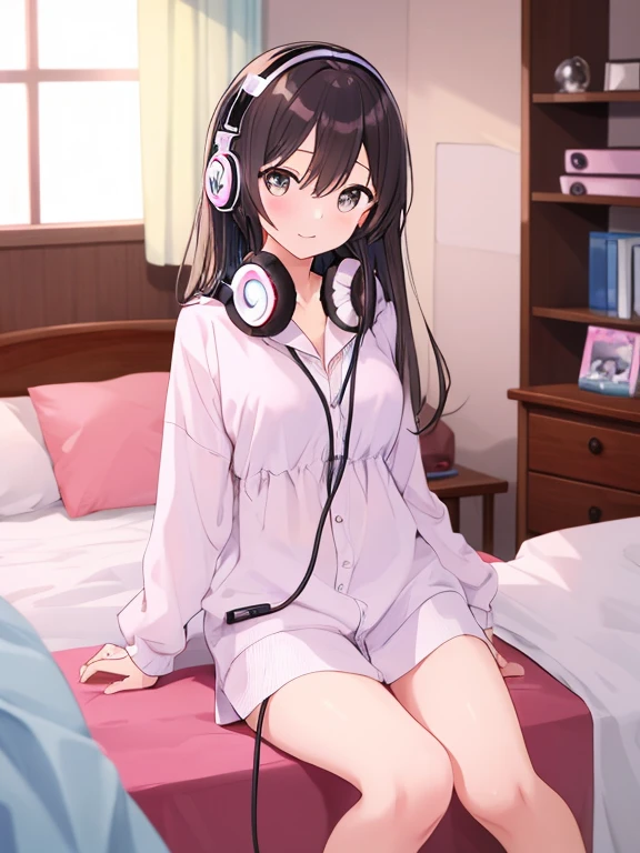 (masterpiece), (best quality), (ultra-detailed), photorealistic, (best illustration), ((an extremely delicate and beautiful)), 1girl, solo, nagashimakai, full body, blue coat, open coat, collared shirt, sleeveless shirt, bare shoulders, collarbone, red necktie, headphones, av, g, 1, off shoulder, <lora:long_island_kai_nai_6-13:0.8:lbw=INS_MIDD>, ultra-detailed, finely detailed, sitting, on chair, :d, black shorts, bike shorts,
