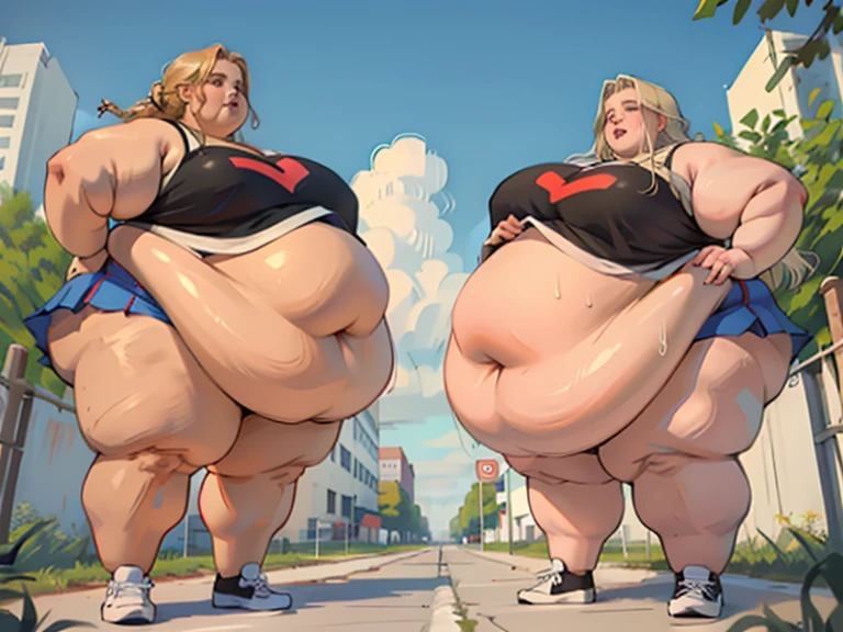 Rule_of_Thirds, 1girl, solo, 1girl, solo, blonde hair, blue eyes, tan, ganguro, long hair, wearing a crop top, denim jeans, tanlines, makeup, wristband, lipstick, jewelry, female, extremely obese, angry, (obese belly):1.8, (obese legs):1.5, fat rolls, massive SSBBW body, massive soft hyperbelly, soft massive obese belly, cute chubby feminine face, sensual pose, soft obese thighs, soft obese legs, soft obese breasts, soft obese arms, soft chubby hands, soft chubby feet, mesmerizing eyes, gorgeous supermodel face, long hair small navel, frown, looking at viewer, beautiful day, jewelry, blue eyes, earrings, blonde hair full body portrait, parted lips, perfect blue sky with several clouds, street in background,