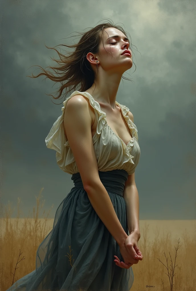 a sexy girl in the middle of a wheat field, serious, stare, dark clouds, eroticism, sexy image, black and white, between shadows, oil painting, chiaroscuro, sensual lighting, dramatic, moody atmosphere, photorealistic, intricate details, masterpiece, ultra-detailed, high quality, 8k, best quality, realistic, cinematic, dark and brooding, expressionist, powerful composition, emotional impact, Bill Sienkiewicz inspired art