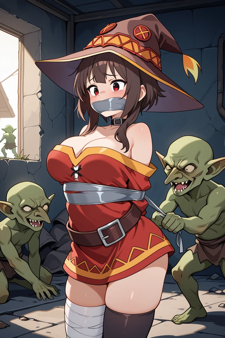 masterpiece, (((goblinriding, a goblin is riding a girl))), goblin, mutiple goblins, goblins, (((all fours))), 1girl, (epaulettes:1.1), (nose hook), reins, collar, chain, rope, obey, proud face happy trance, smile, hair ornaments, expressionless, emotionless, blank eyes, empty eyes, mind control, apocalyptic background, monster, glowing eyes, horror, goblin gangbang, huge breast, Large Breast, brown hair, hair intake, red eyes, long hair, twintails, animal ears, horse girl, daiwa scarlet (umamusume), tiara, epaulettes, fang, garter straps, long sleeves, bowtie, bangs, blue jacket, white thighhighs, white shirt, white skirt, hair bow, scarlet_nuit_etoile