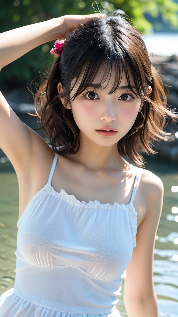 Masterpiece, top quality, 1 girl, (Skindentation), (Huge breasts), (Day), Bright, Blurred background, Outdoors, (Street:0.6), (People, Crowd:1), (Braided bangs, Wavy hair:1.5), (See-through shirt: 1.8), (Camisole:1.8),Gorgeous, (Floating hair:1.2), (Dynamic poses: 1.8), Soft lighting, Wind, Garden