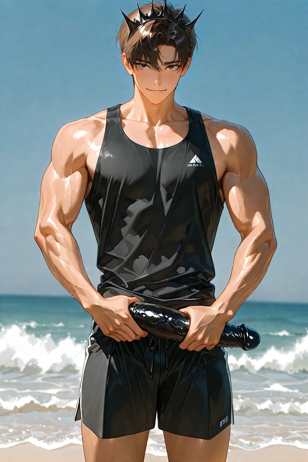 (NSFW: 1.2),(CGI art:1.3),(realistic:1.5),(After processing:1.3), (Sharp focus:1.3), 1 man, open mouth, smile, (Navy blue round neck shirt), shorts, Korean people , korean men, (high glossy details), chest muscles, large arm muscles, blood vessel, big muscles, Broad shoulders, looking at the audience, Balancing the eyes, By the sea, beach, sunlight, run towards the camera ,(genital very long big :1.8),(Erection of the penis:1.5),