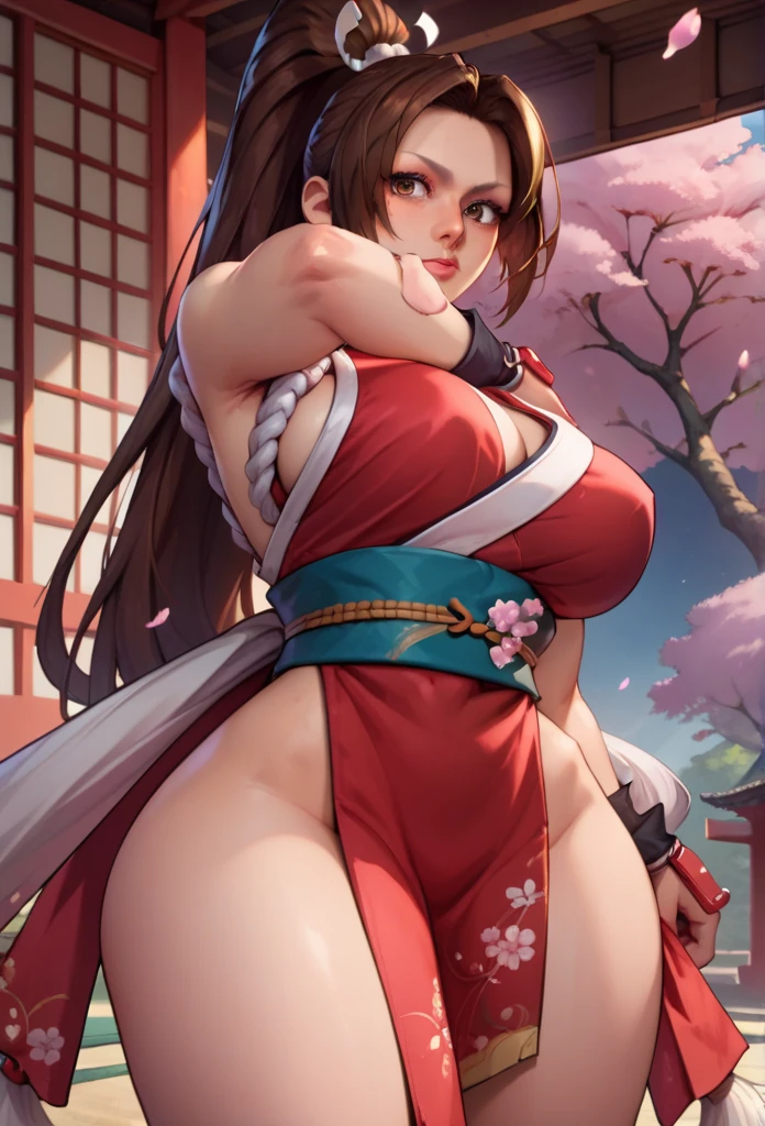masterpiece, best quality, beautiful art, high resolution, well formed hands, body and fingers, 1 woman, solo, Imaizumi Kagerou, wolf ears and wolf tail, red makeup, red lipstick,adult, grown up,  cosplaying as Mai Shiranui , mai_shiranui_cosplay, adult, large and round breasted, cleavage, full body , hair ribbon, gorgeous legs and, thighs, sexy Japanese clothes, hair ornament , sexy legs , hips and thighs, dancing seductively and erotically, turning backwards and forwards, showing her back and front, shaking her body alluringly, red t back thong, smiling joyfully, sweating ,looking at the viewer, bouncing breasts, sweating, flirting, biting her lips, beach environment 