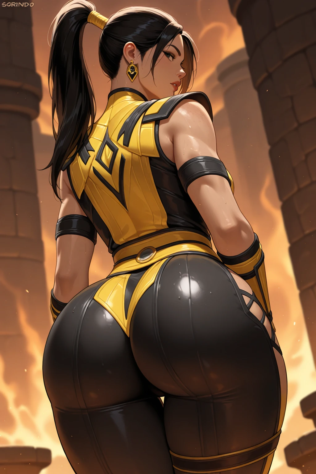  anime girl dehya (genshin impact) busty  with thick thighs and big ass bigger than thighs and head and body , ass view, hyper ass with  long hair ass bigger then screen ass groped
