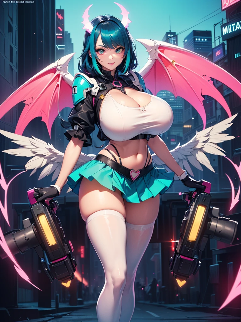 A young and beautiful person,(Highest quality,Extremely detailed depiction,Incredibly absurd high resolution,Anatomically accurate depiction,Curvy Legs),(Glowing Skin),(Futuristic body suit:1.3,Futuristic exoskeleton,Mechanical Wings,Mechanical thrusters,A giant bunker buster),eyelash,(Luminous purple eyes,There is cleavage in the chest,Wicked Smile,Glossy Red Lips,Sweat,Assume a fighting stance),whole body,My hair is blowing in the wind,(background:In town),