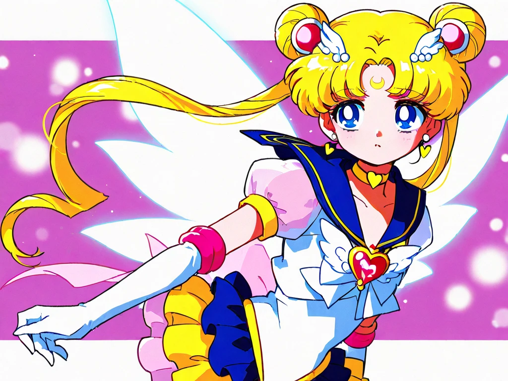 Naoko Takeuchi Style, long hair, looking at viewer, smile, short hair, open mouth, blue eyes, multiple girls, skirt, blonde hair, simple background, hair ornament, red eyes, gloves, white background, bow, 2girls, twintails, jewelry, full body, pink hair, :d, heart, earrings, boots, choker, elbow gloves, white gloves, sailor collar, hair bun, red bow, v, double bun, magical girl, knee boots, tiara, blue sailor collar, brooch, multicolored clothes, pink footwear, retro artstyle, back bow, cone hair bun, 1990s (style), sailor senshi uniform, heart brooch, multicolored skirt, heart choker, pink sailor collar, sailor senshi, <lora:Naoko_Takeuchi-08-NAI:0.8>