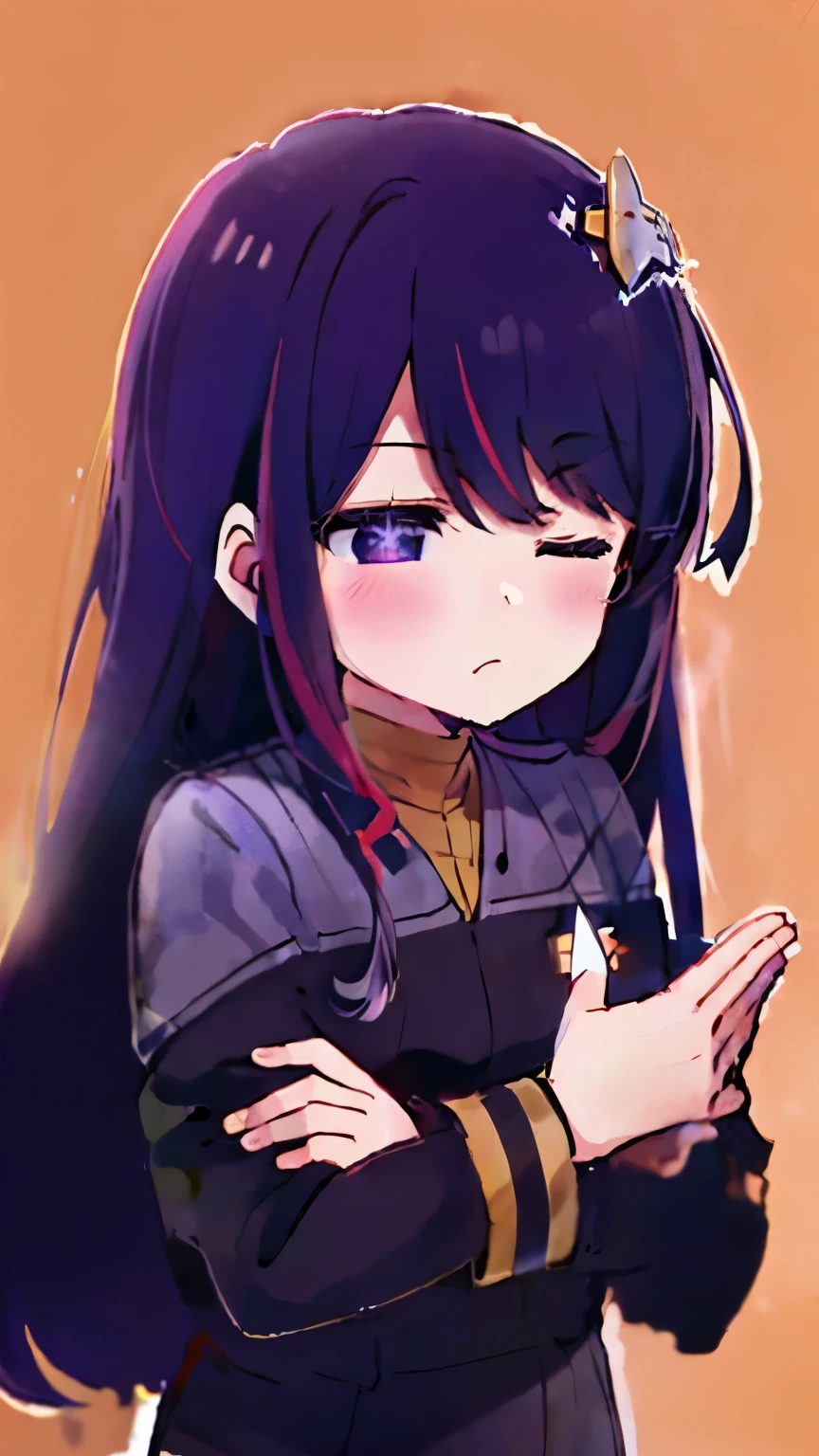 close up Hoshino Ai, long hair, purple hair, streaked hair ,purple eyes, star-shaped pupils, hair ornament, closed eyes shame, wearing ds9st uniform standing on a federation (on solid bakcground) thinking