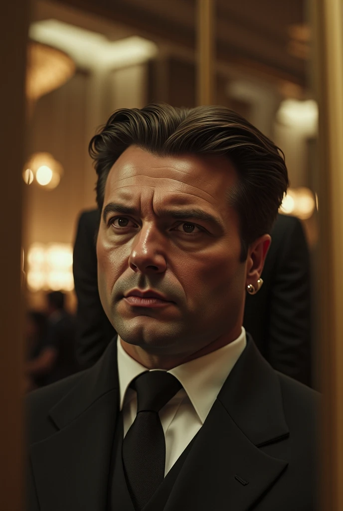 a photorealistic still from a Gangster film, depicting a pivotal confrontation in a dimly lit Italian bistro, captured in 8K resolution using a 90mm anamorphic cine lens, the scene conveys a sense of looming danger, emphasize photorealism, enhanced subtle film grain that lends a tangible cinematic texture to the scene. A close-up shot captures the protagonist's face in sharp focus, highlighting the anxiety in his eyes and the tension in his expression. Minute details, from the furrows on his brow to the glow of the candlelight reflecting in his eyes, should be intricately detailed. The style should mimic Scorsese's trademark visual storytelling, employing a color palette filled with warm earth tones contrasted with deep shadows. The lighting should be high-contrast, casting dramatic, harsh shadows and stark highlights that underscore the mood < <lora:sdxl_Scorsese:0.5>