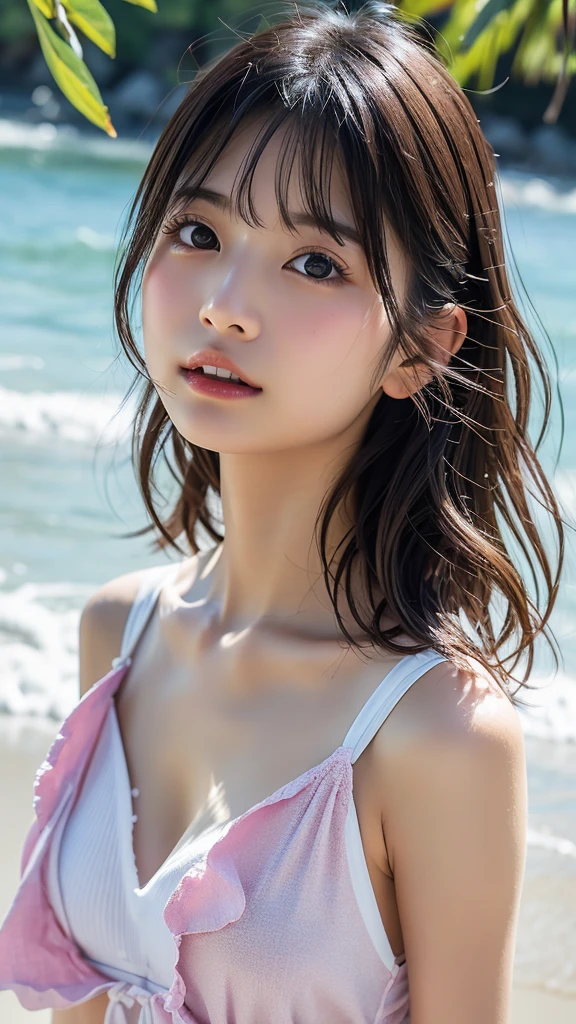 High resolution, (((Highest quality, Highest quality, 8k, masterpiece: 1.3)), Perfect Style, Highly detailed face and skin texture, Detailed eyes, double eyelid, Pale Cheeks, Glowing Skin, Fair skin: 1.2, Shiny little collar and earrings, Glossy Lips: 1.4, (Cowboy Shot),( Standing on the beach),( Pure girl: 1.2), (Colorful floral bikini:1.3), ( Dark brown hair),Semi-long hair, (A very seductive smile: 1.2), (Natural Breasts), Wet Skin: 1.2, Beach,Southern Island, Clean background、whole body、(Splash),