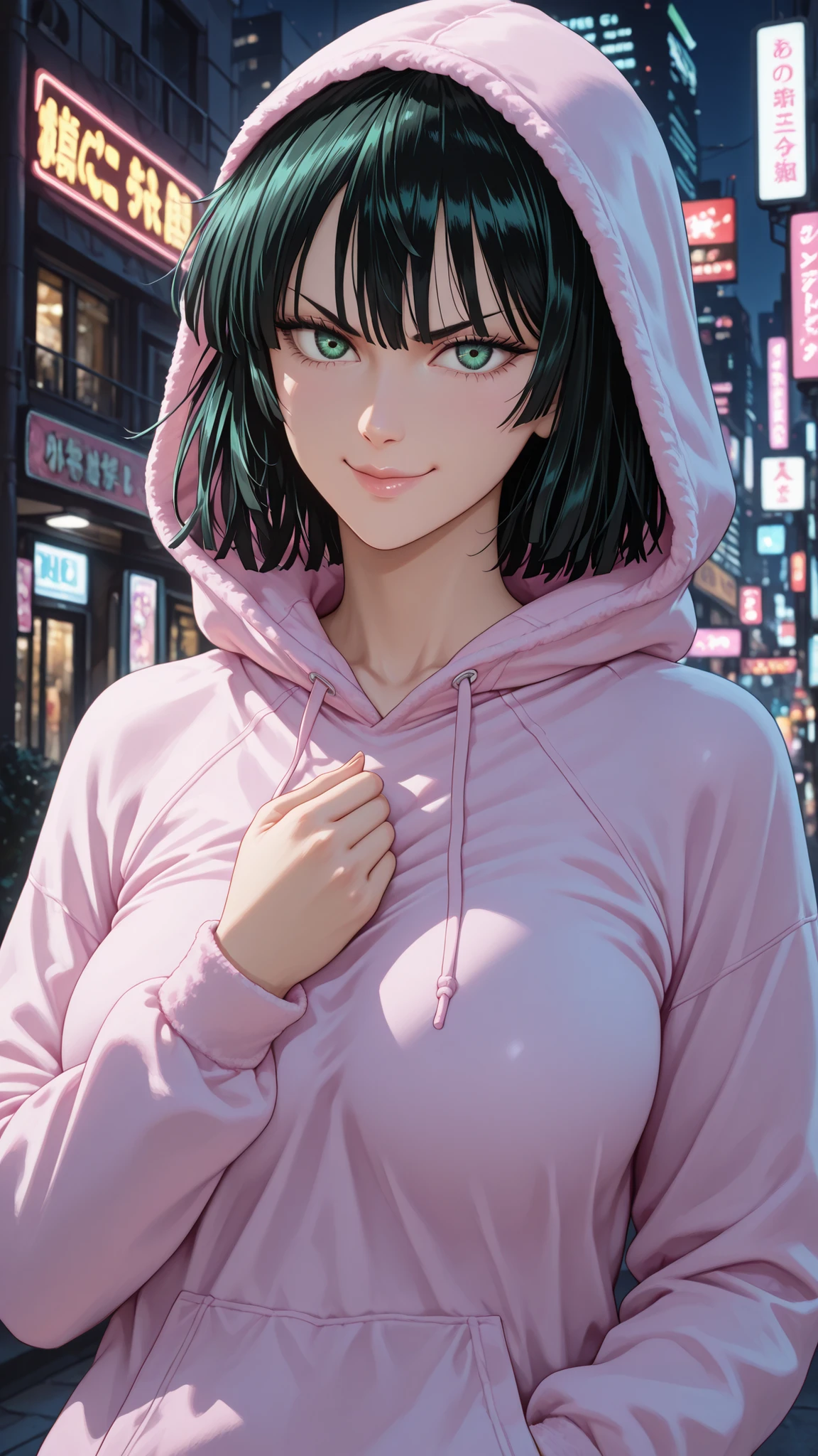 a woman with a purple hoodie and a white shirt, girl wearing hoodie, anime girl in real life, wearing an oversized hoodie, wearing hoodie, cute kawaii girl, wearing a pastel pink hoodie, cyberpunk anime girl in hoodie, style anime, black haired girl wearing hoodie, wearing a hoodie, wearing a pink hoodie, light purple, realistic young anime girl, ulzzang, big breats, big tits, 1girl, Fubuki (One-Punch Man), black hair, green eyes, short hair, mature woman, breasts, anime screenshot,outdor, smile girls, angry, looking at the viewer, dynamic pose, in the city at night, best quality, masterpiece, ultra detailed, very aesthetic