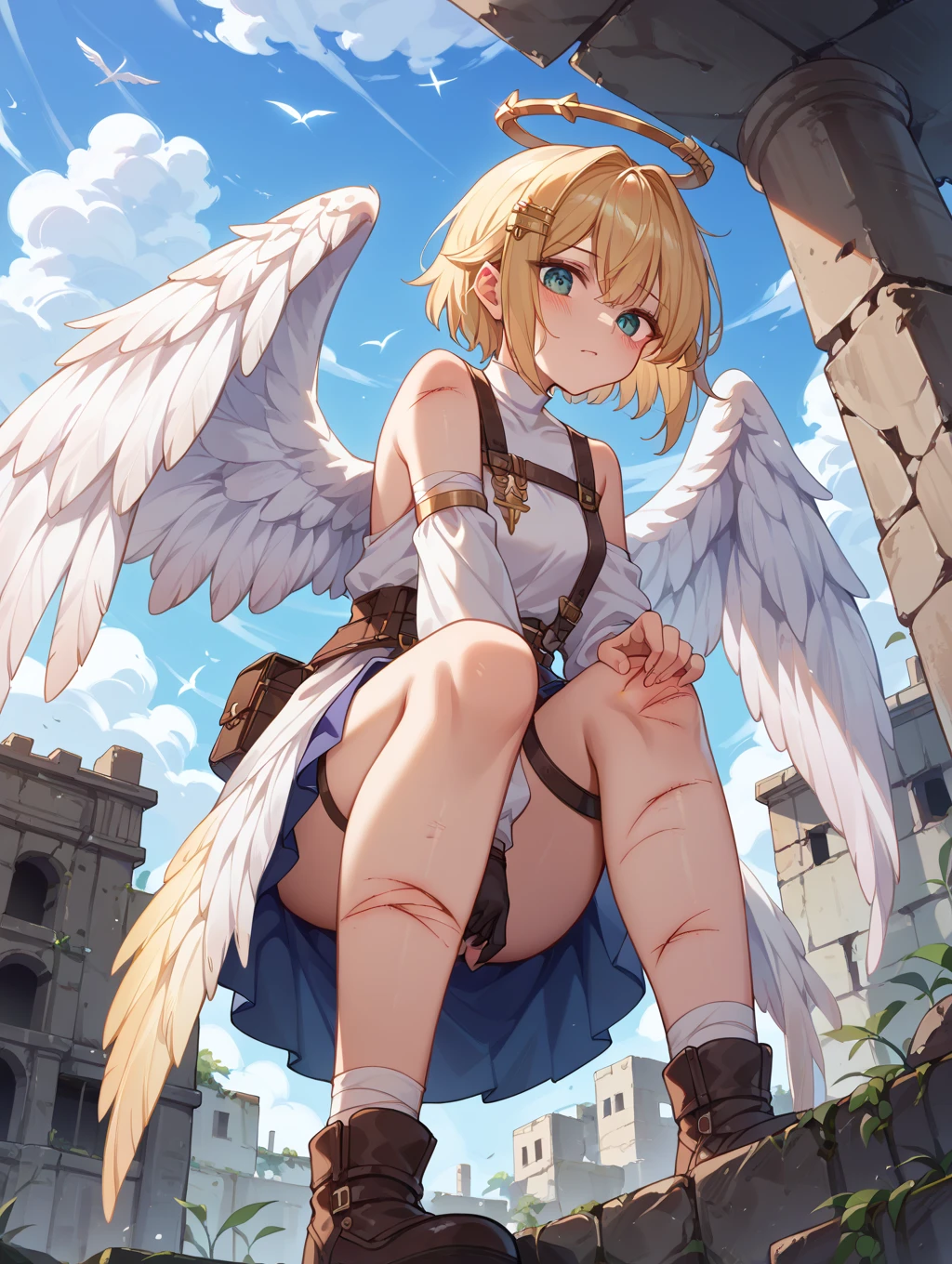 flat chests, nsfw, masterpiece, 1 girl, erect nipples, intricately detailed, topless, navel, bare shoulders, necklace, blonde, long hair, white skirt, angel wings, flying, extremely detailed, photorealistic, octane render, 8 k, unreal engine, bare breasts, puffy nipples, blue eyes, extending hand, sky, fantasy, enchanted, angel, bare stomach, sweaty, child, small breasts, flat chest, arm strap, full body, halo, wings, feathers, light, smiling, outdoors, bangs between eyes, hair ornament, white sarong, gold thigh strap