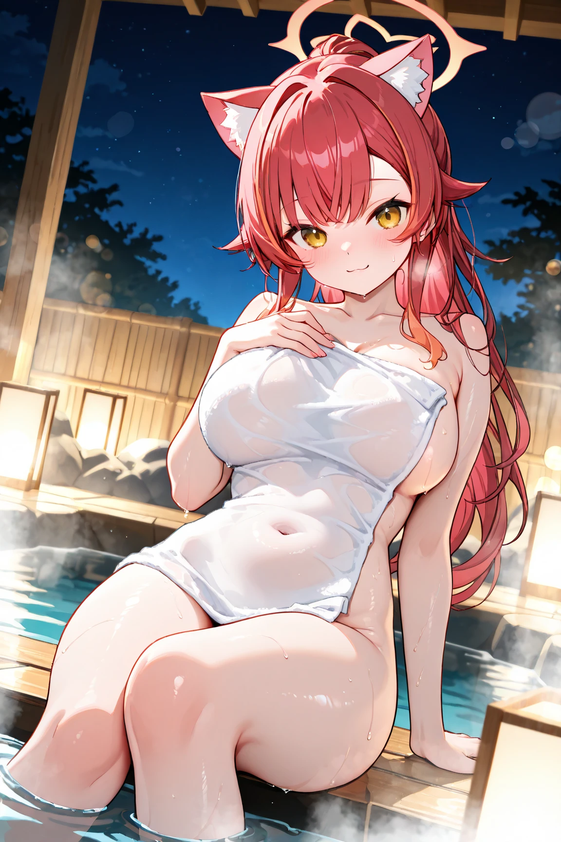 (masterpiece), best quality, 4K, expressive eyes, perfect face,Mature female,1 girl (nilou,Genshin impact),nude,indoor onsen background,medium breasts,smile seductively,nipples,wet,slim figure,siting on ledge ,leg apart,bottom view ,looking at me