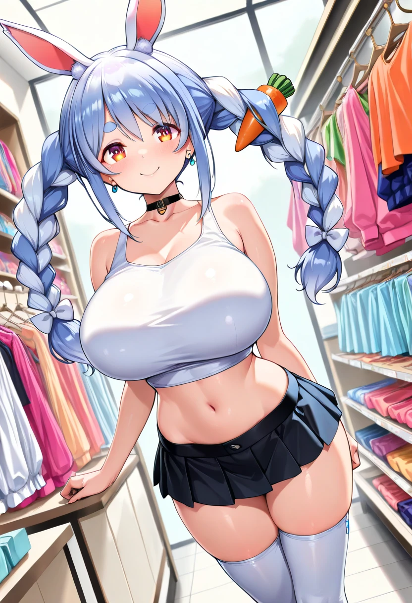 NSFW,masterpiece,Highest quality,High resolution,Super detailed,Shirakami Fubuki\(Hololive\),Gray Hair、One-sided braid、Ahoge、Earrings,Fox ears,Fox tail,Crop top shirt,Sleeveless,Cleavage,Low-rise denim shorts,High leg,Embarrassed,blush,Expecting face,Bewitching Smile,Sexy smile,(Adult Shop),(Underwear section),(Naughty shop),Cute pose,Date,(Seduce)